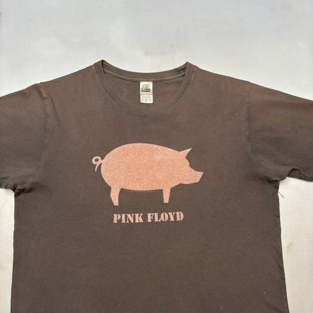 Vintage Y2K Pink Floyd Flocked Pink Pig Brown Short Sleeve T Shirt Men's Small - Picture 2 of 13